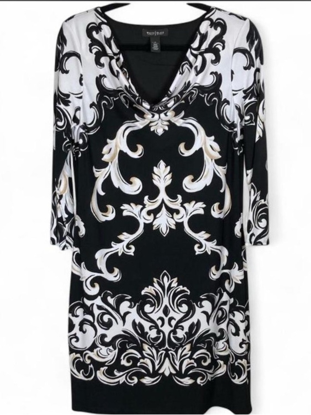 White House Black Market Scroll Print Shift Dress Black White Tan Cowl Neck Sz M